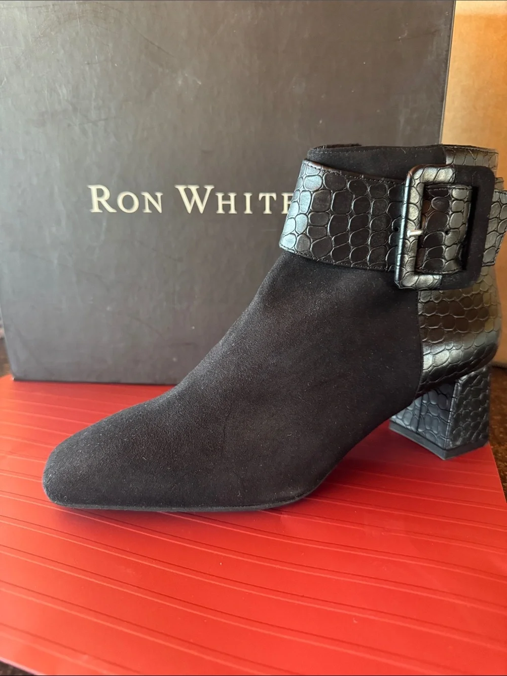 Ron White Black Suede Ankle Boot with Croc-Embossed Buckle
